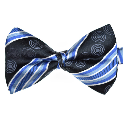 Black & Blue Patterned Striped Silk Bow