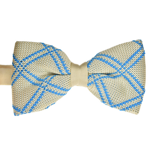 Beige & Blue Checked Knitted Bowtie